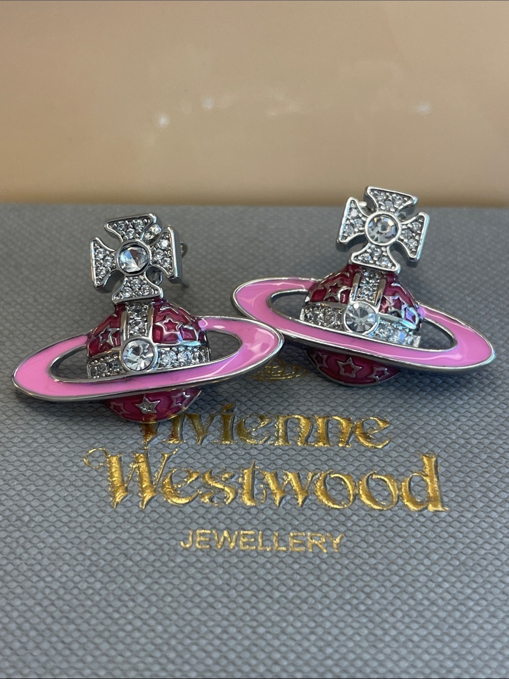 Vivienne Westwood Pink Enamel Orb Earrings with Crystal Accents